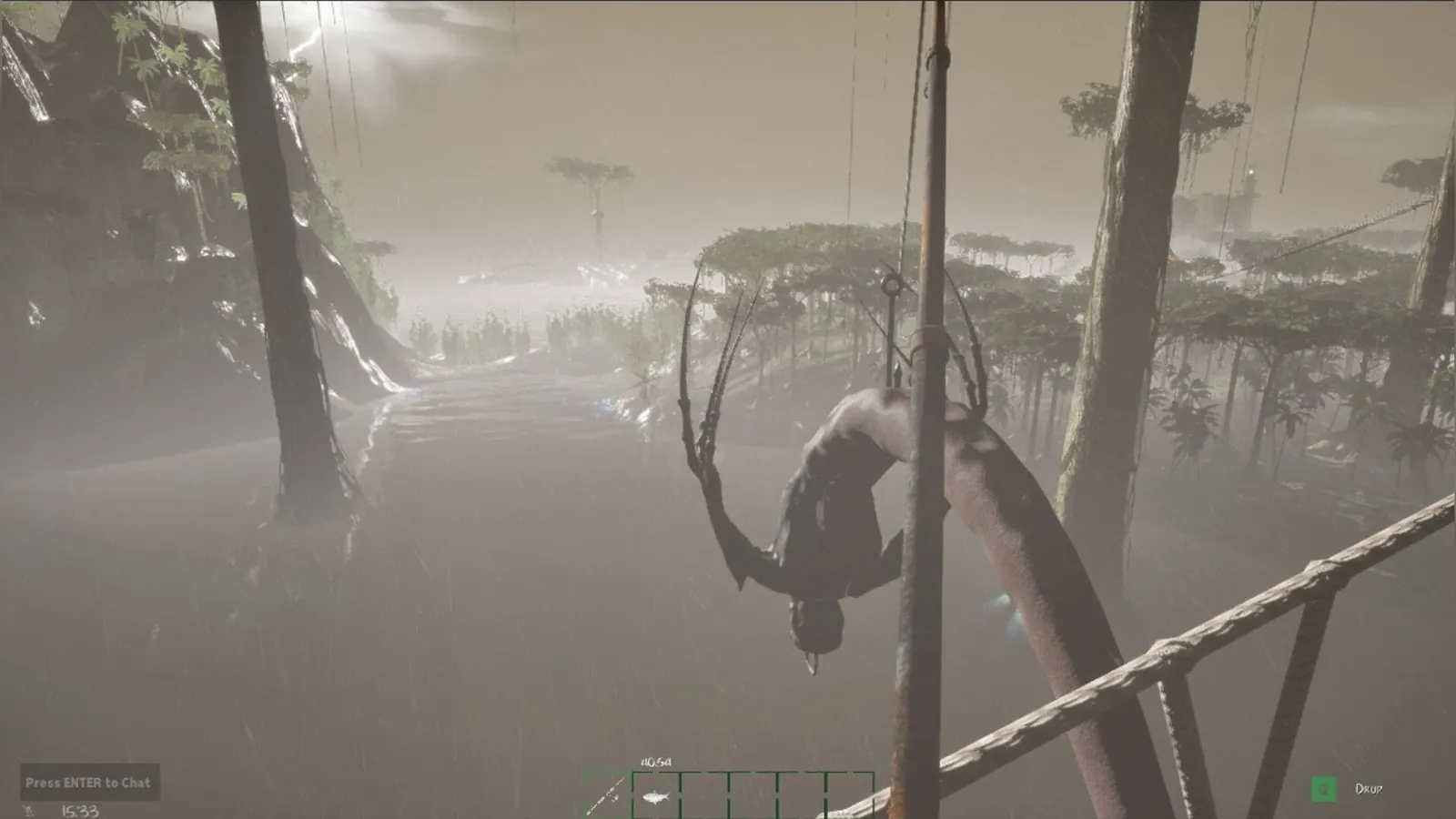 Rainy dock with a hooked creature and a jungle shore